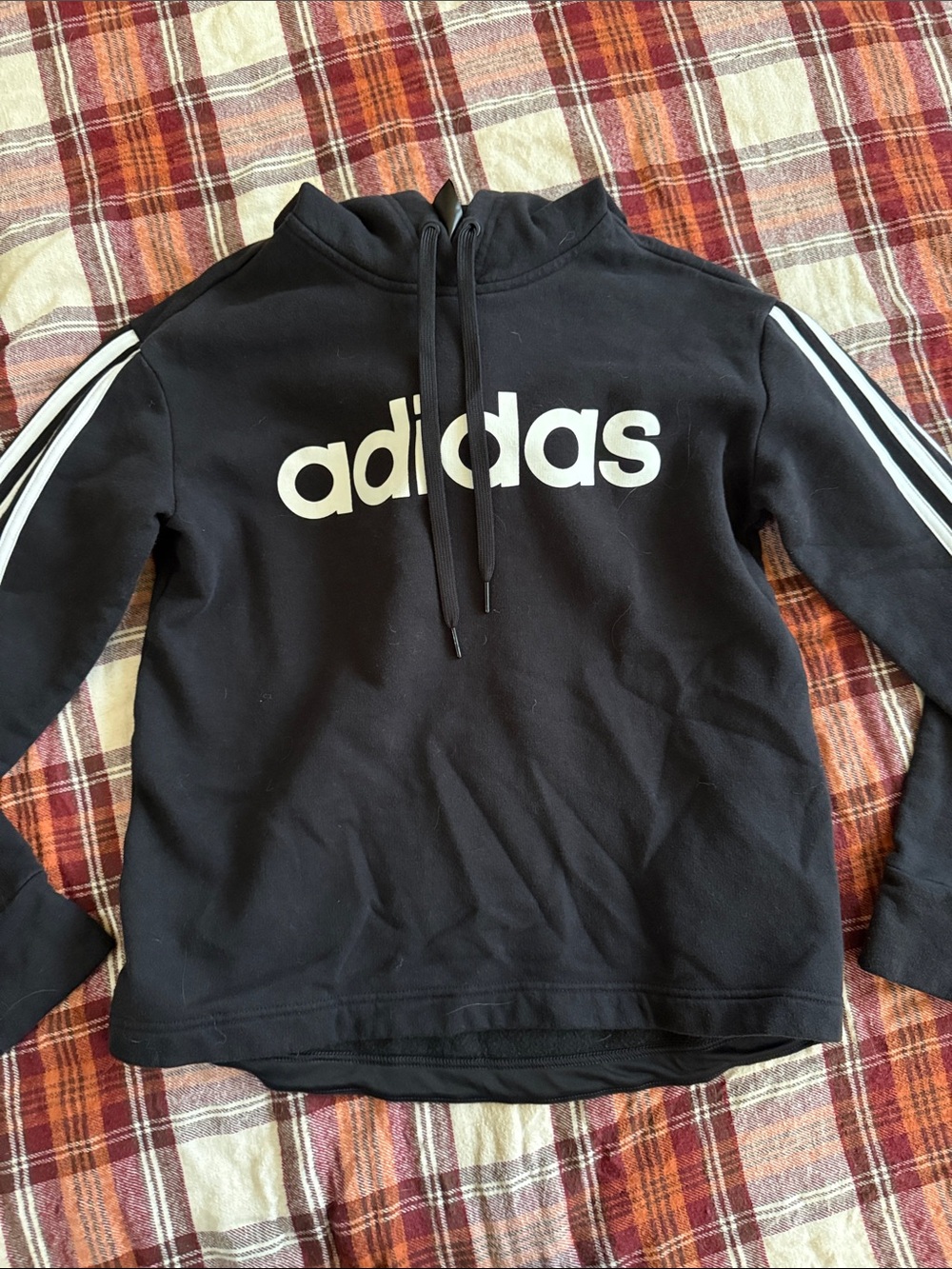 adidas Black Hoodie  Pullover with White Logo and Stripes